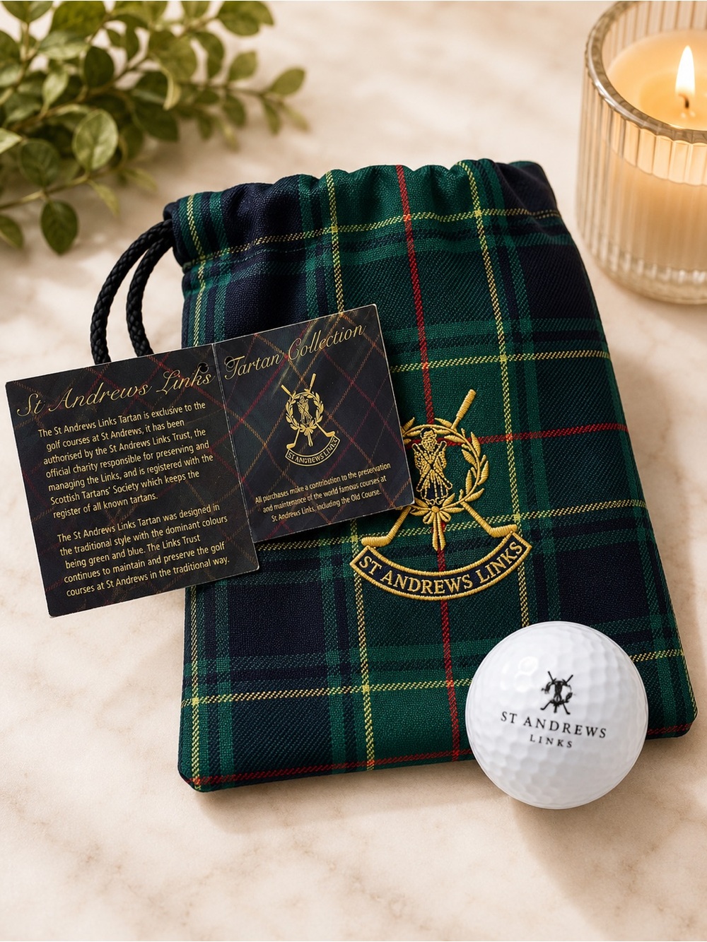 St Andrews Links Green Tartan Embroidered Golf Ball Bag